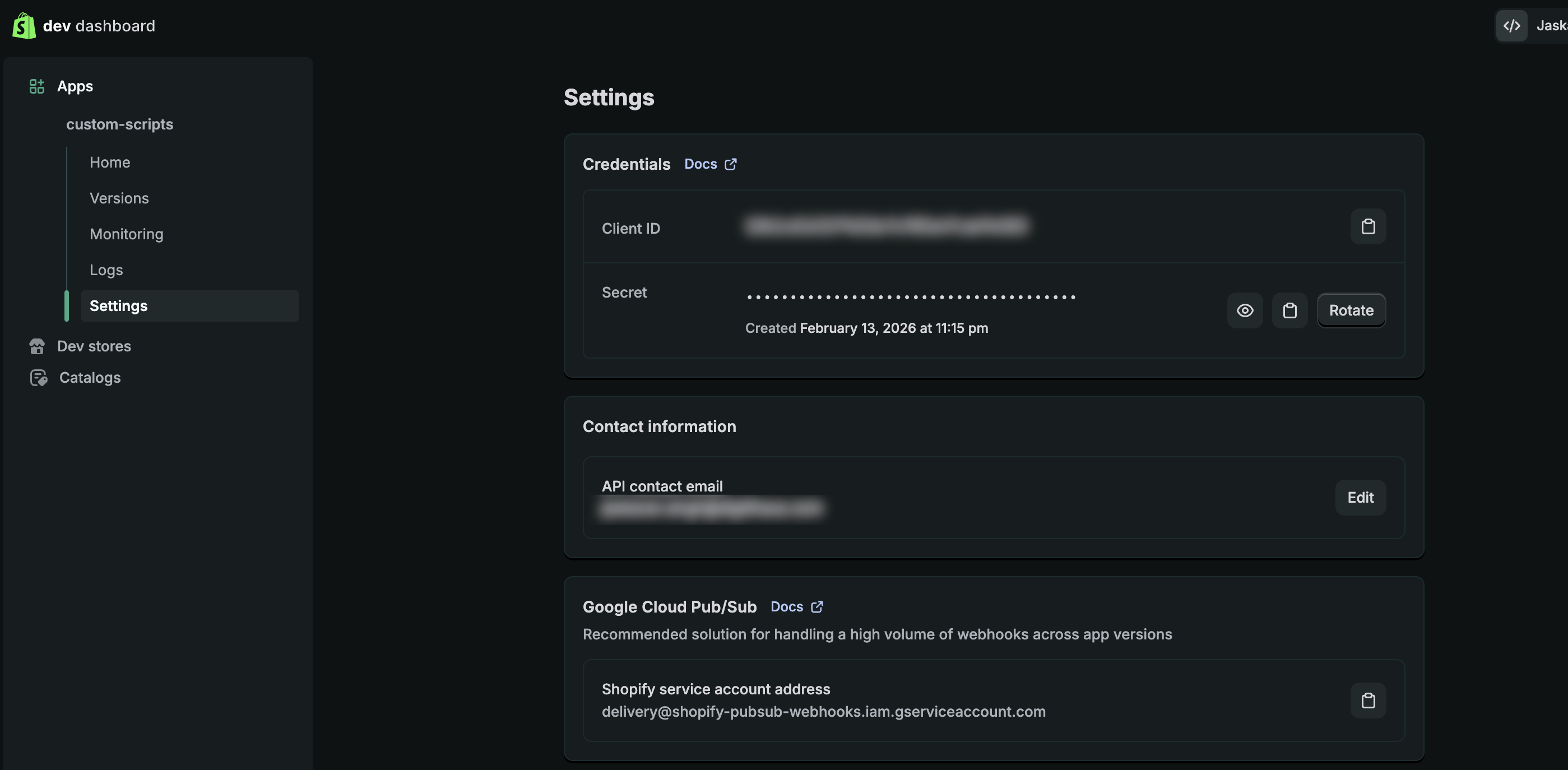 Settings page showing Client ID and Client secret fields